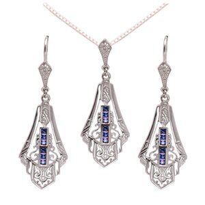 Art Deco Pendant Earring set silver and Real Gems Blue Sapphire Art Deco Jewelry